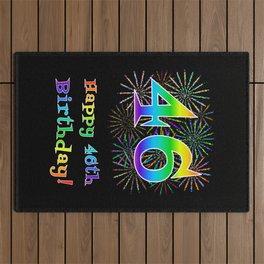 [ Thumbnail: 46th Birthday - Fun Rainbow Spectrum Gradient Pattern Text, Bursting Fireworks Inspired Background Outdoor Rug ]