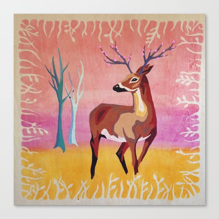 Floral Deer Acrylic Painting Canvas Print By Lapetitemesange