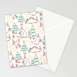 Cute Cartoon Christmas Santa Claus Dinos Sending Gifts (Beige) Stationery Card