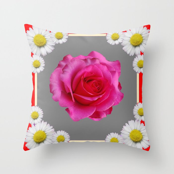 Red Art Shasta Daisy Fuchsia Rose Design Throw Pillow