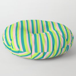 [ Thumbnail: Dark Cyan, Light Green, and Light Pink Colored Lined Pattern Floor Pillow ]