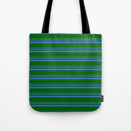 [ Thumbnail: Royal Blue & Dark Green Colored Striped/Lined Pattern Tote Bag ]