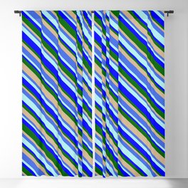 [ Thumbnail: Eye-catching Tan, Royal Blue, Turquoise, Blue & Dark Green Colored Pattern of Stripes Blackout Curtain ]