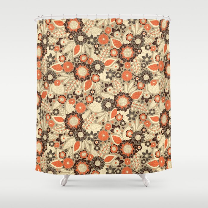 Retro Orange, Brown & Cream 1970s Floral Pattern Shower Curtain