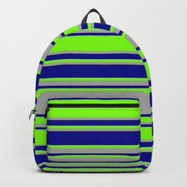 [ Thumbnail: Green, Dark Grey & Dark Blue Colored Lines/Stripes Pattern Backpack ]