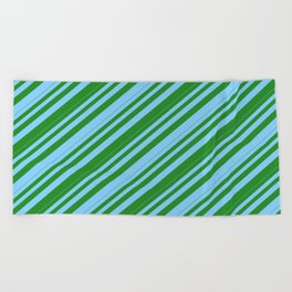 [ Thumbnail: Light Sky Blue and Forest Green Colored Lines/Stripes Pattern Beach Towel ]