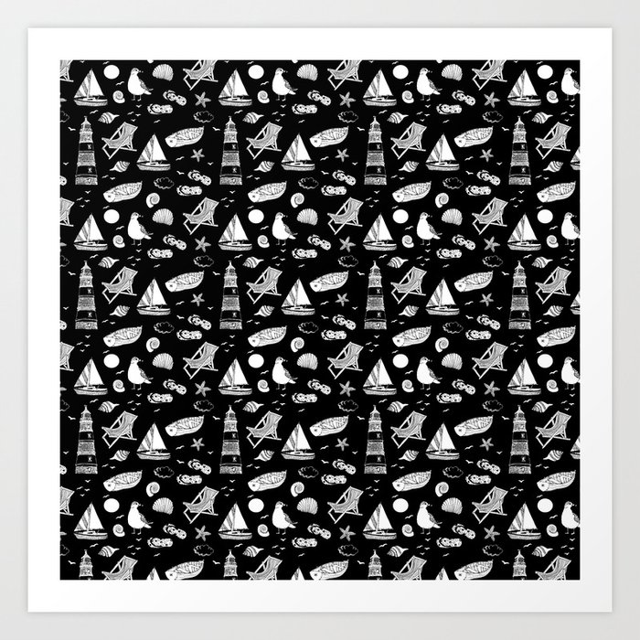 Black And White Summer Beach Elements Pattern Art Print