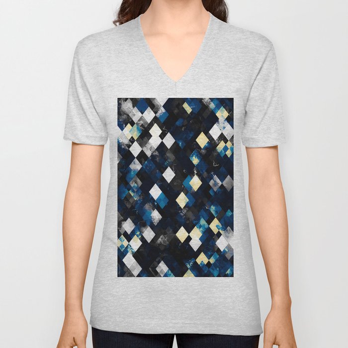 geometric pixel square pattern abstract background in blue yellow V Neck T Shirt