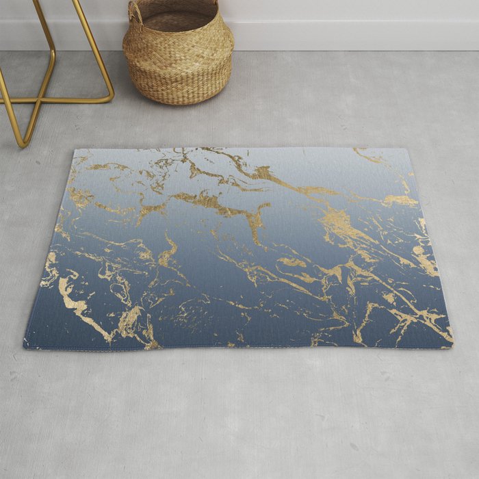 Modern grey navy blue ombre gold marble pattern Rug