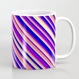 [ Thumbnail: Blue, Dark Violet, Salmon & Pale Goldenrod Colored Lined Pattern Coffee Mug ]