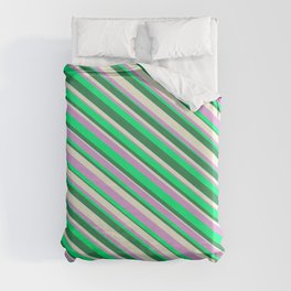 [ Thumbnail: Beige, Plum, Green, and Sea Green Colored Striped Pattern Duvet Cover ]