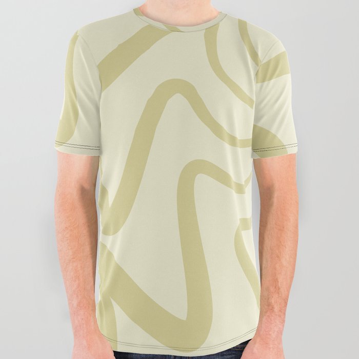 Mid Century Abstract Liquid Lines Pattern - Medium Spring Bud and Eggshell All Over Graphic Tee