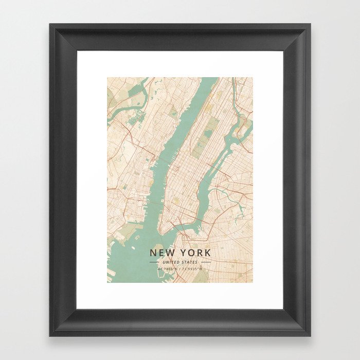 New York, United States - Vintage Map Framed Art Print