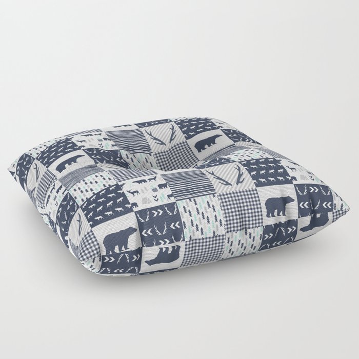 Camper antlers bears pattern minimal nursery basic navy mint grey white camping cabin chalet decor Floor Pillow