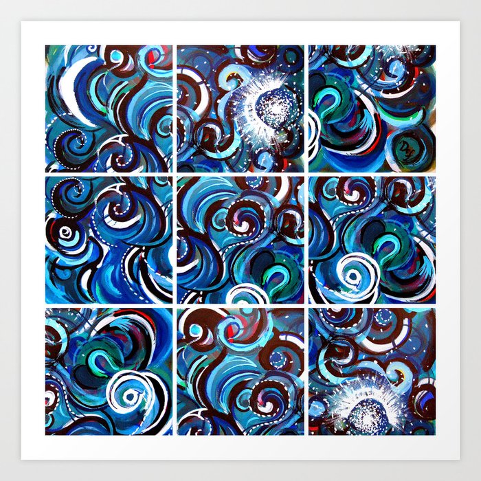 Happy Medley Remix (1) Art Print | Painting, Abstract, Mixed-media, Pattern, Blue, Swirl, Aquatic, Collage, Foam, Sea