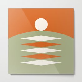 Abstract Geometric Sunrise 17 in Sage Green Orange Metal Print