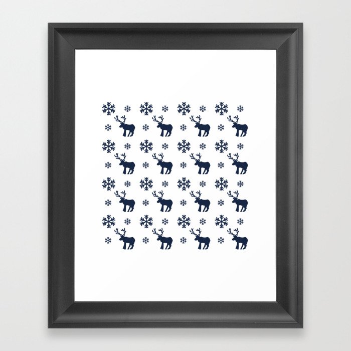 Christmas Pattern White Navy Blue Snowflake Deer Framed Art Print