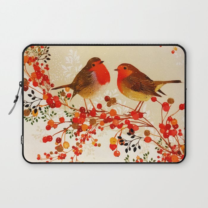 Red Gold Winter Birds Holly Berry Branches Watercolor Laptop Sleeve