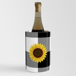 Sunflower And Black Buffalo Plaid Pattern,Black And White Buffalo Check,Checkered,Gingham,Farmhouse,Country.Flannel,Rustic,Summer, Wine Chiller