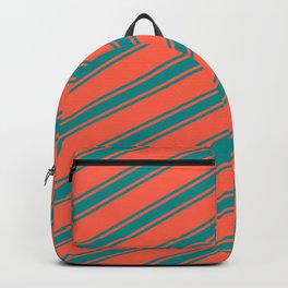 [ Thumbnail: Red & Dark Cyan Colored Lined Pattern Backpack ]