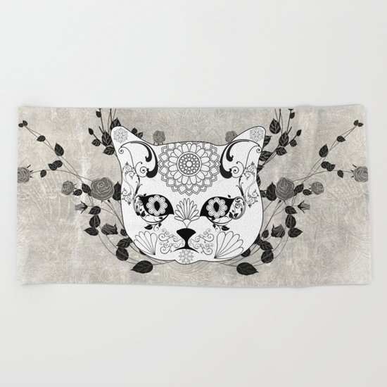 Wonderful sugar cat skull Beach Towel
