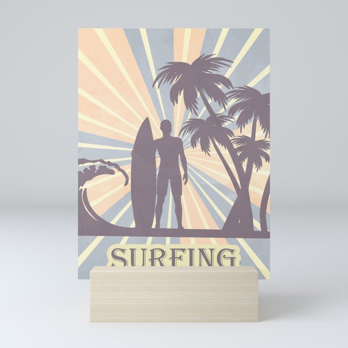 Colorful Retro Vintage Surfing Palms Wave Board Boy Mini Art Print