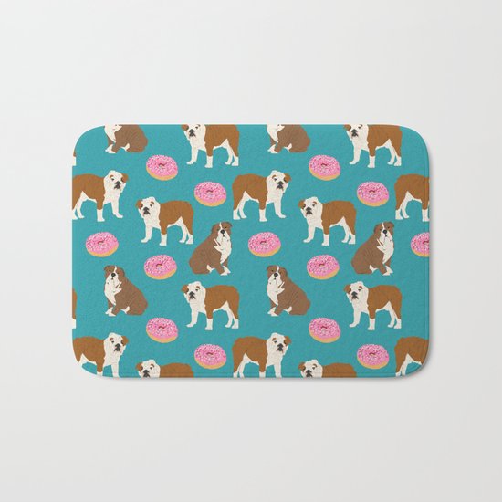 English Bulldog sprinkle pink donuts cute colorful children pets fur baby pet portrait bulldog gifts Bath Mat
