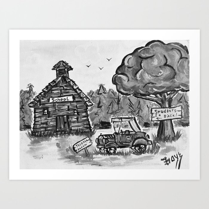 School House Black And White Print Of Primitive Art Painting By