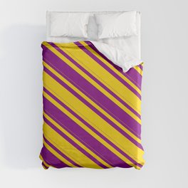 [ Thumbnail: Yellow and Purple Colored Stripes/Lines Pattern Duvet Cover ]