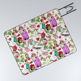 Cupid Dealing Red Hearts in The Rose Garden - Colorful Illustration for Valentine's Day   Picnic Blanket
