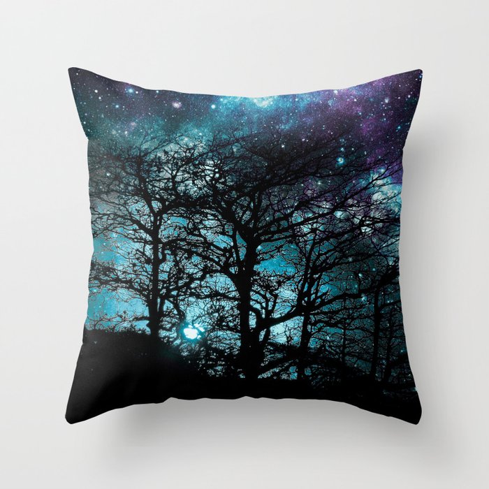 Black Trees Teal Violet space Throw Pillow