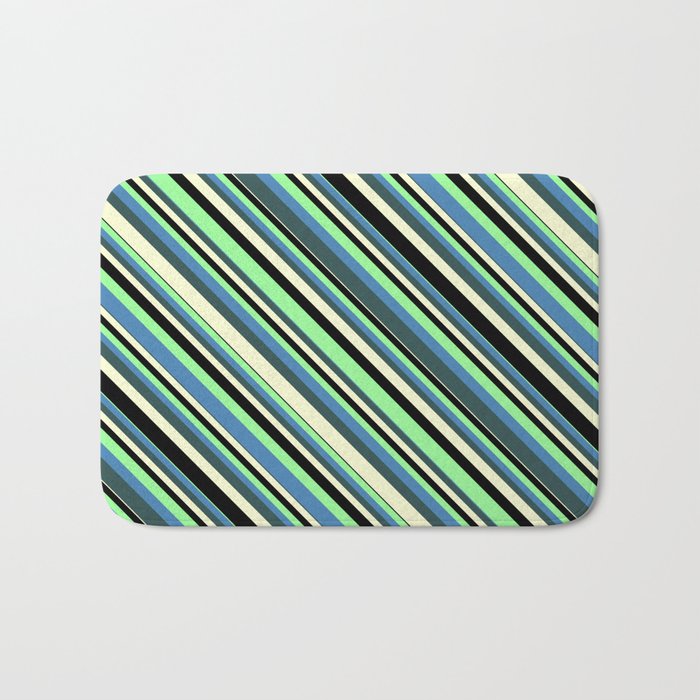 Colorful Green, Blue, Dark Slate Gray, Light Yellow, and Black Colored Stripes/Lines Pattern Bath Mat