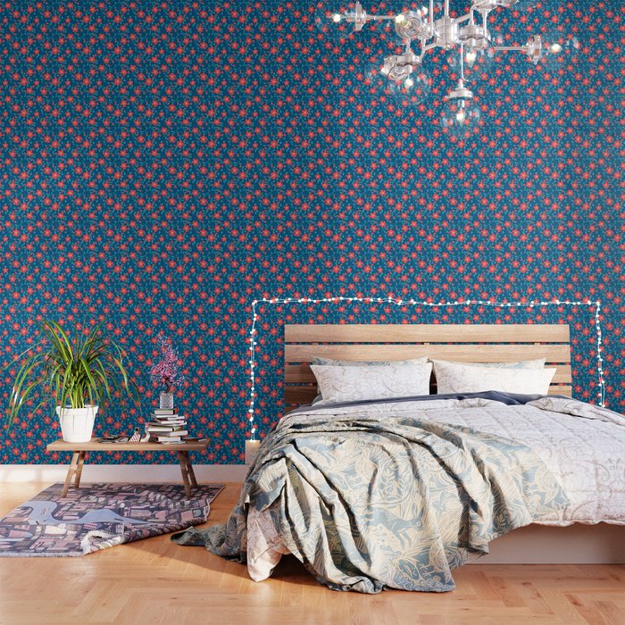 Rose Bramble Pattern- Coral and Blue Wallpaper