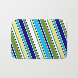 [ Thumbnail: Eyecatching Green, Deep Sky Blue, White, Blue, and Tan Colored Stripes/Lines Pattern Bath Mat ]