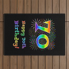 [ Thumbnail: 70th Birthday - Fun Rainbow Spectrum Gradient Pattern Text, Bursting Fireworks Inspired Background Outdoor Rug ]
