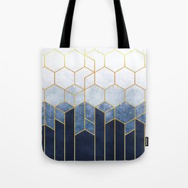 Indigo Blue + Golden Hexagons Abstract Design Tote Bag