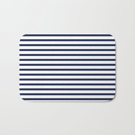 Indigo Navy Blue Nautical Stripes Bath Mat