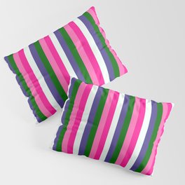 [ Thumbnail: Colorful Deep Pink, Mint Cream, Dark Slate Blue, Dark Green & Hot Pink Colored Stripes/Lines Pattern Pillow Sham ]