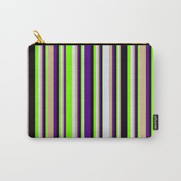 [ Thumbnail: Eyecatching Indigo, Tan, Lavender, Green & Black Colored Lines/Stripes Pattern Carry-All Pouch ]