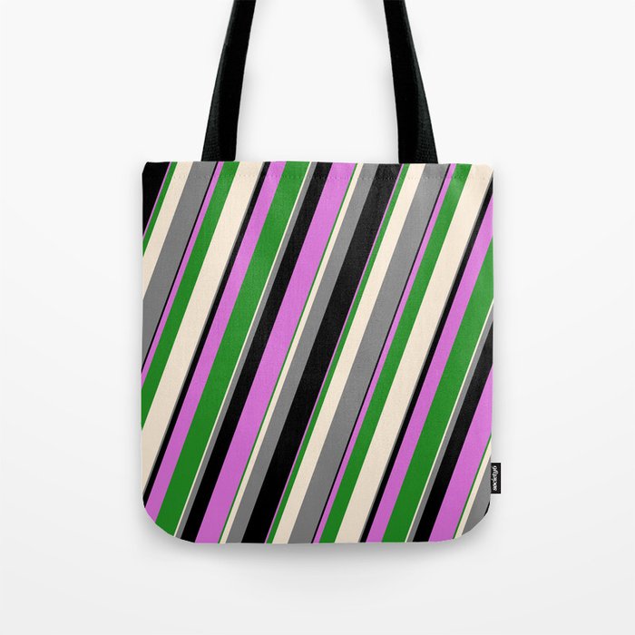 Vibrant Beige, Gray, Black, Orchid & Forest Green Colored Stripes Pattern Tote Bag