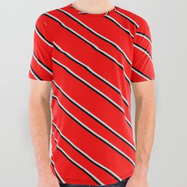 [ Thumbnail: Red, Light Gray, and Black Colored Lined Pattern All Over Graphic Tee ]