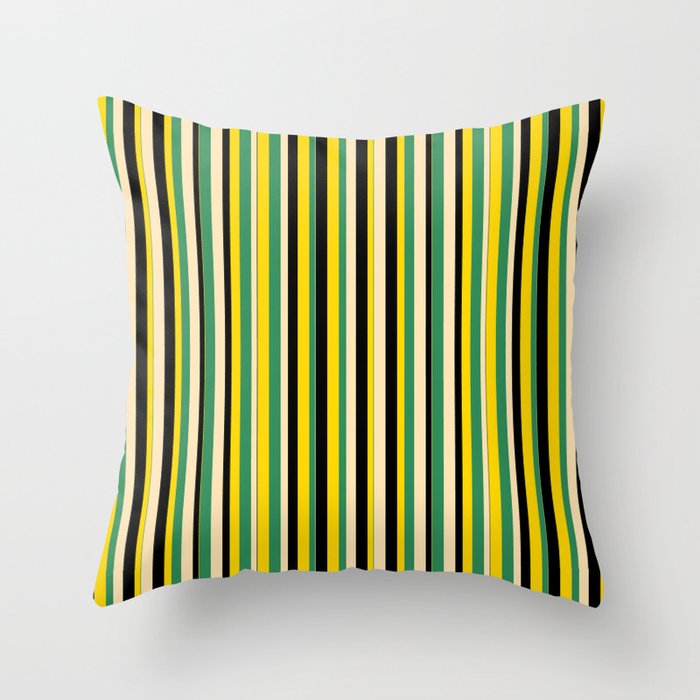 Sea Green, Beige, Black & Yellow Colored Pattern of Stripes Throw Pillow