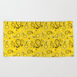 Black and White Paisley Pattern on Yellow Background Beach Towel