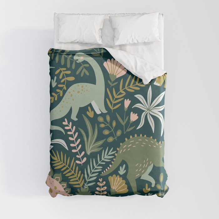 Dinosaurs with tropical leaves and flowers. Cute dino hand drawn illustration pattern. Cute dino design. Duvet Cover