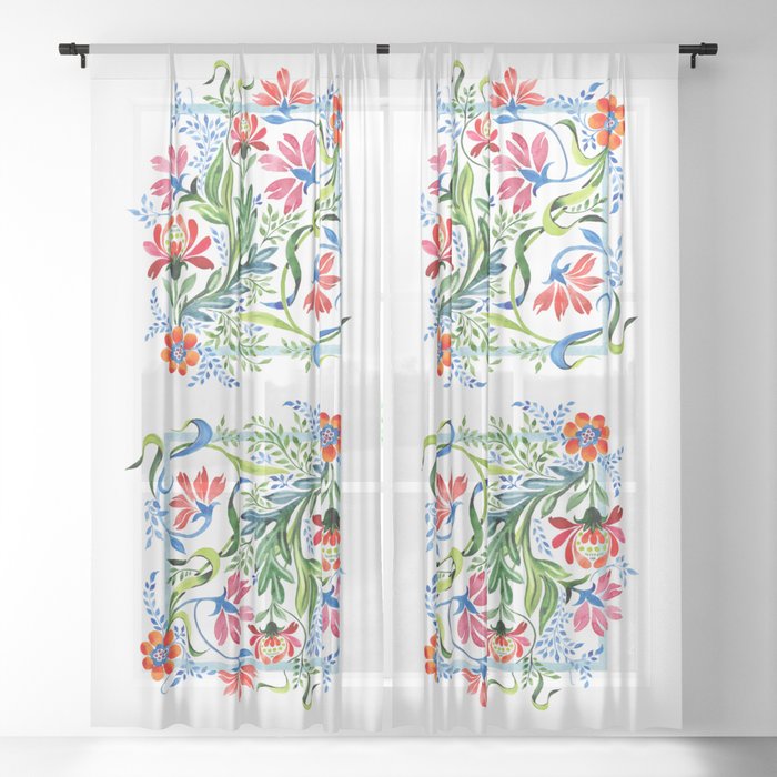 Watercolor Garden Folk Floral In Vintage Style Sheer Curtain By