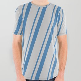 [ Thumbnail: Blue & Light Gray Colored Striped/Lined Pattern All Over Graphic Tee ]