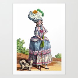 Vintage French Lady & Dog 18th Century Rococo Fashion Drawing, Blue & Pink Art Print