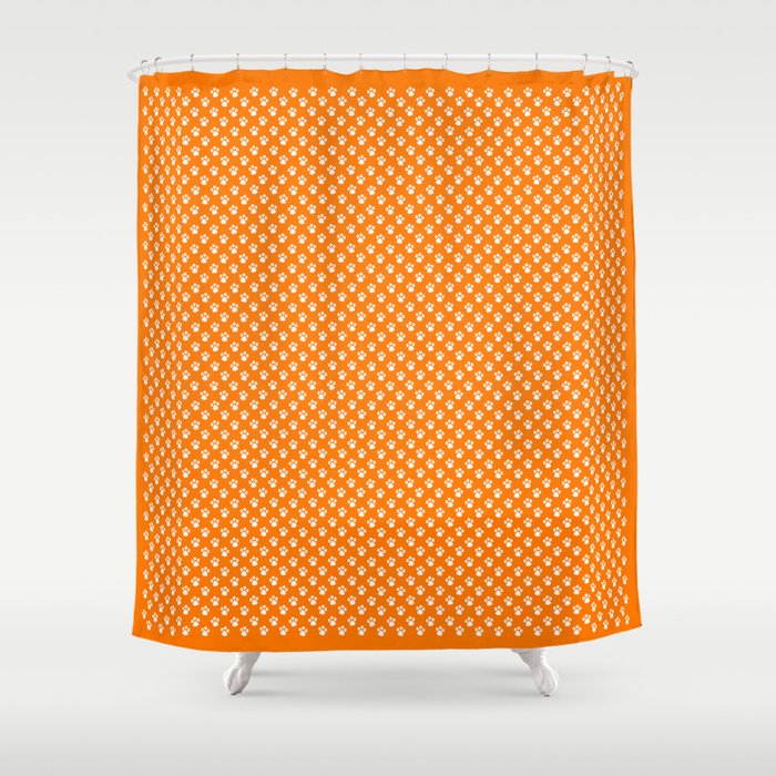 Tiny Paw Prints Pattern - Bright Orange & White Shower Curtain