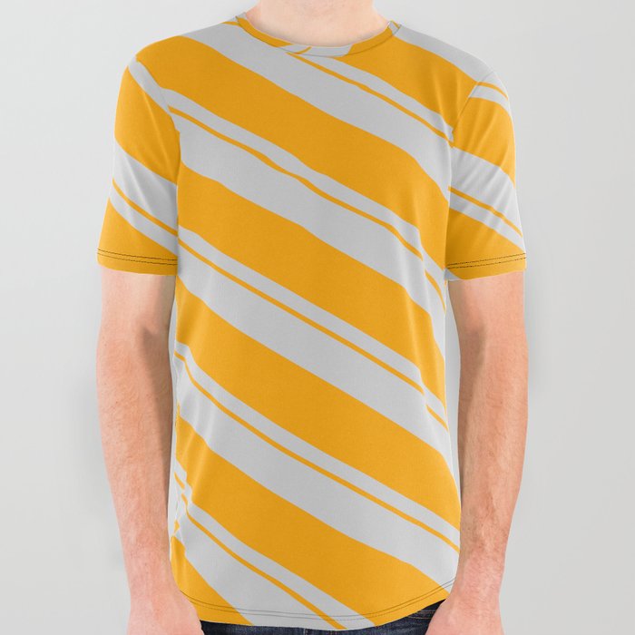 Light Gray & Orange Colored Lines Pattern All Over Graphic Tee
