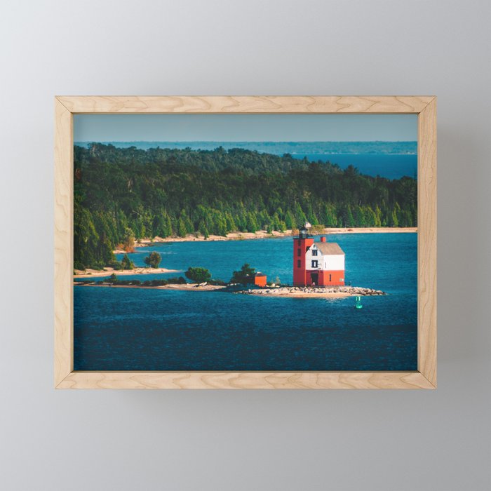 Round Island Light watching over Mackinac Island on Lake Michigan Framed Mini Art Print